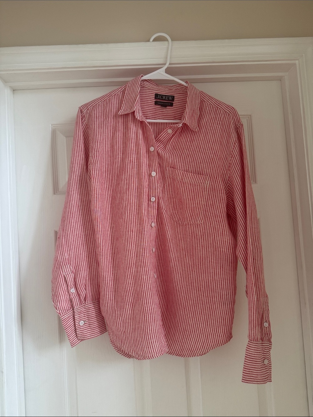 J. Crew Women’s Red and White Striped Linen Button-Down Shirt